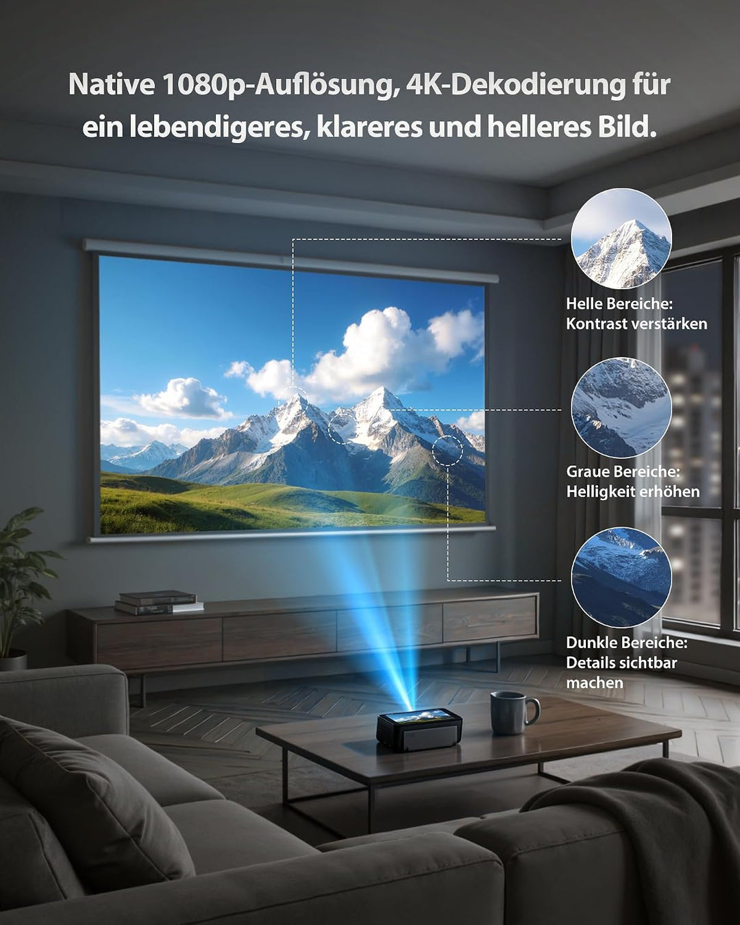 Estelle Smart Beamer 4K mit 64GB Speicher, Integriertem Akku, Android 12 | Mini Beamer Outdoor mit N