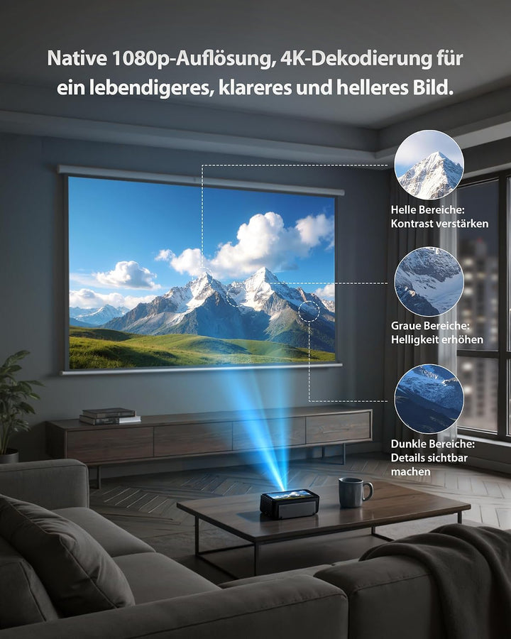 Estelle Smart Beamer 4K mit 64GB Speicher, Integriertem Akku, Android 12 | Mini Beamer Outdoor mit N