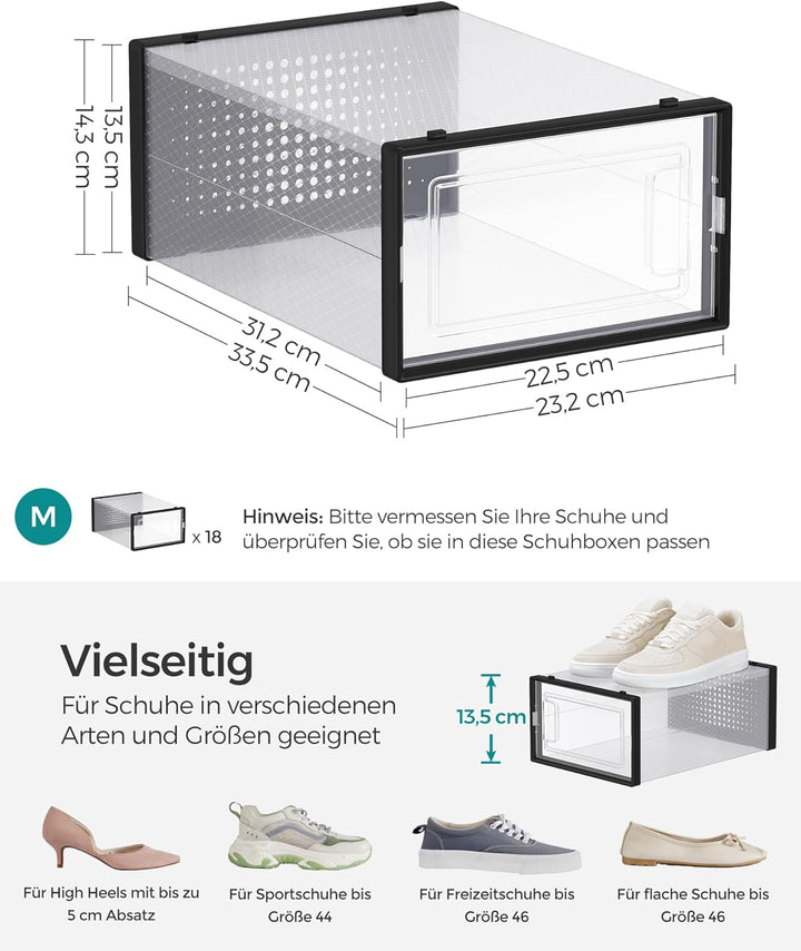 SONGMICS Schuhboxen, 18er Set Schuhkartons durchsichtig, faltbar und stapelbar, bis Grösse 44, trans