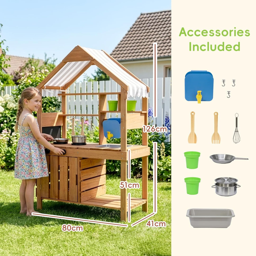 OOOK Outdoor Spielküche, Grosse Matschküche Outdoor aus Holz, Gartenspielküche mit Gartenspüle, Töpf