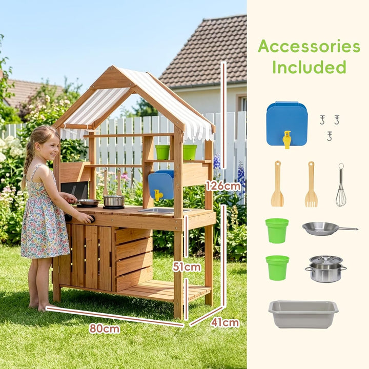 OOOK Outdoor Spielküche, Grosse Matschküche Outdoor aus Holz, Gartenspielküche mit Gartenspüle, Töpf