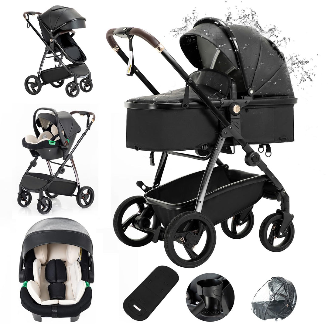 Gcarebb 3-in-1-Kinderwagen aus PU-Leder, Stadtkinderwagen mit Autositz, tragbarer Ein-Klick-Klappsto