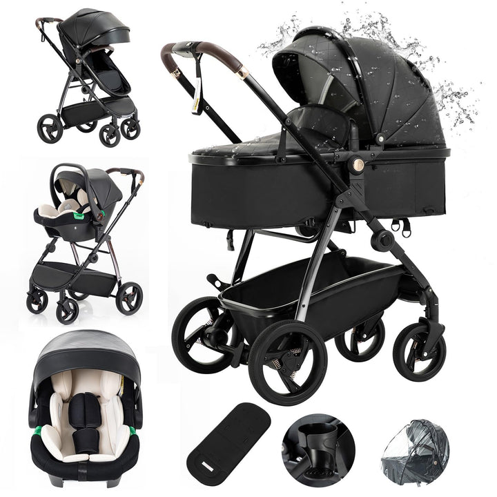 Gcarebb 3-in-1-Kinderwagen aus PU-Leder, Stadtkinderwagen mit Autositz, tragbarer Ein-Klick-Klappsto