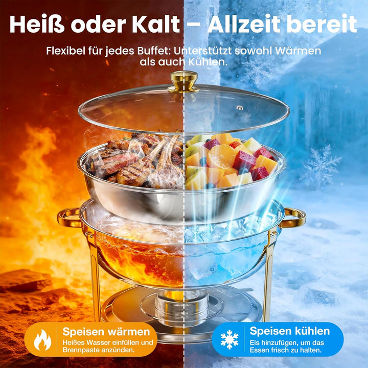 WARMOUNTS Chafing Dish 2er Set 7,5L Gold &amp; Silber, Speisenwärmer Buffet Rund Edelstahl mit Glasdecke