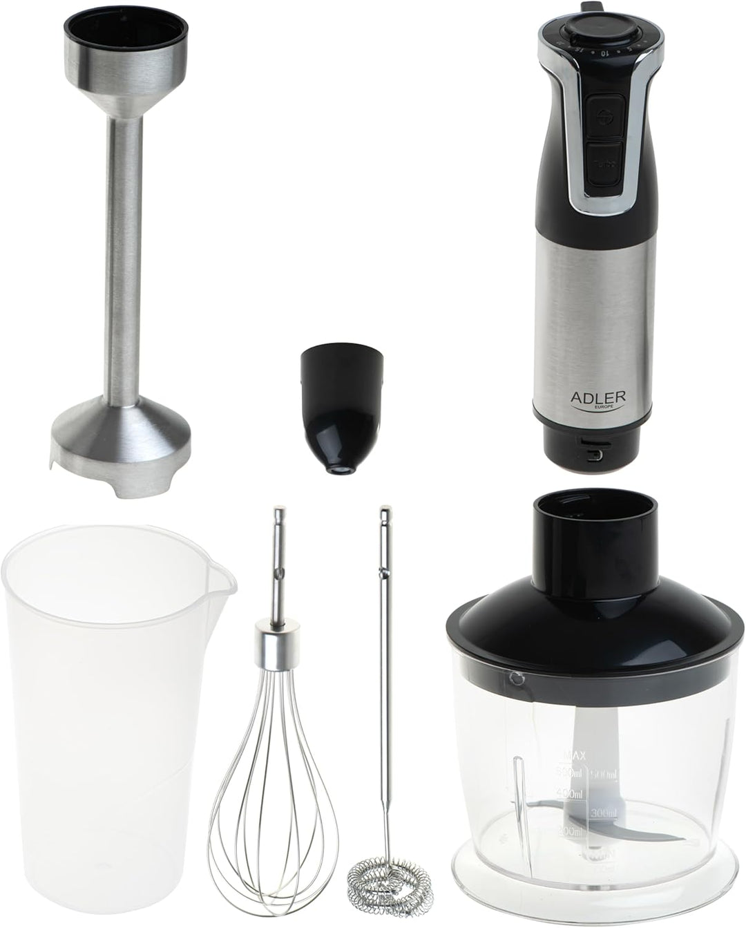 ADLER EUROPE, Stabmixer-Set, Zerkleinerer: 600 ml, Becher: 700 ml, 20 Geschwindigkeitsstufen, 4 Edel