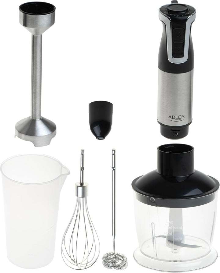 ADLER EUROPE, Stabmixer-Set, Zerkleinerer: 600 ml, Becher: 700 ml, 20 Geschwindigkeitsstufen, 4 Edel