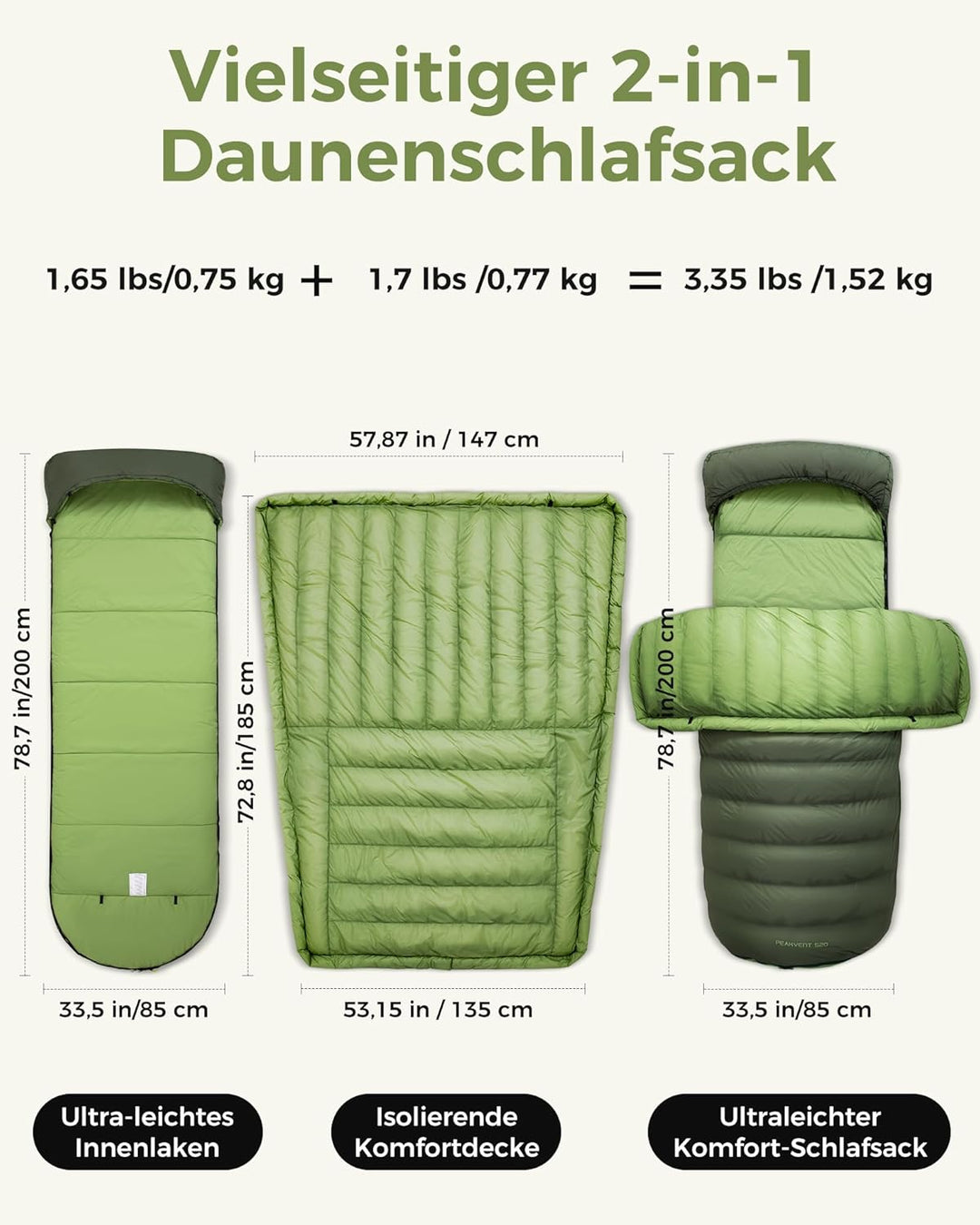 ATEPA Ultraleichter Daunenschlafsack 650/700FP, 3-Jahreszeiten (12°C / 6°C / -1°C), Leicht & Kompakt