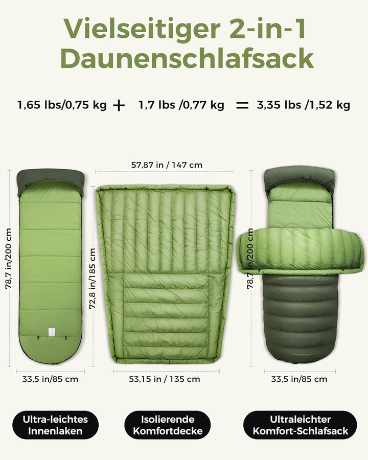 ATEPA Ultraleichter Daunenschlafsack 650/700FP, 3-Jahreszeiten (12°C / 6°C / -1°C), Leicht & Kompakt