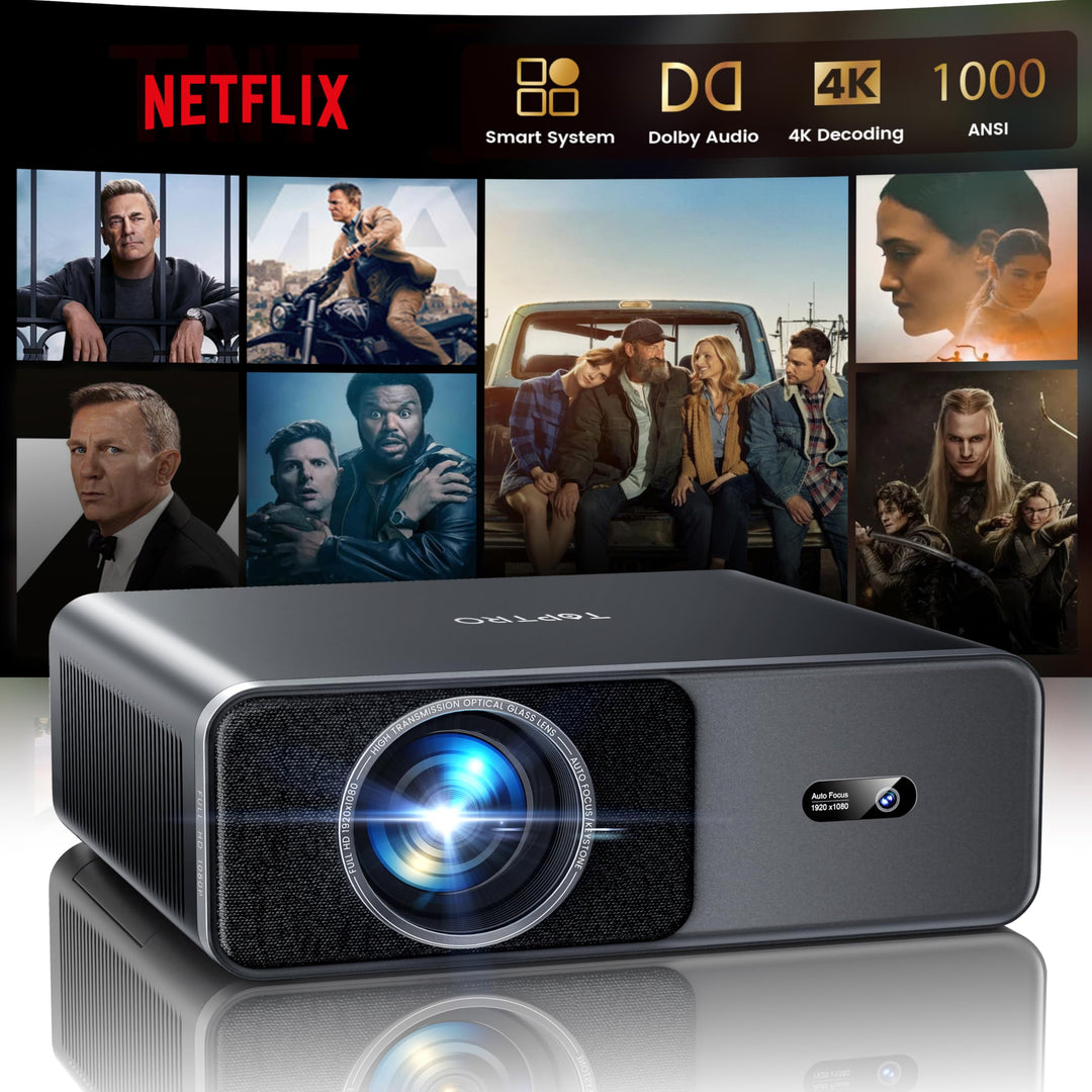 Smart Beamer 4K - [Kompatibel mit Netflix &amp; Dolby Audio] 1000 ANSI Autofokus &amp; 6D Trapezkorrektur, T