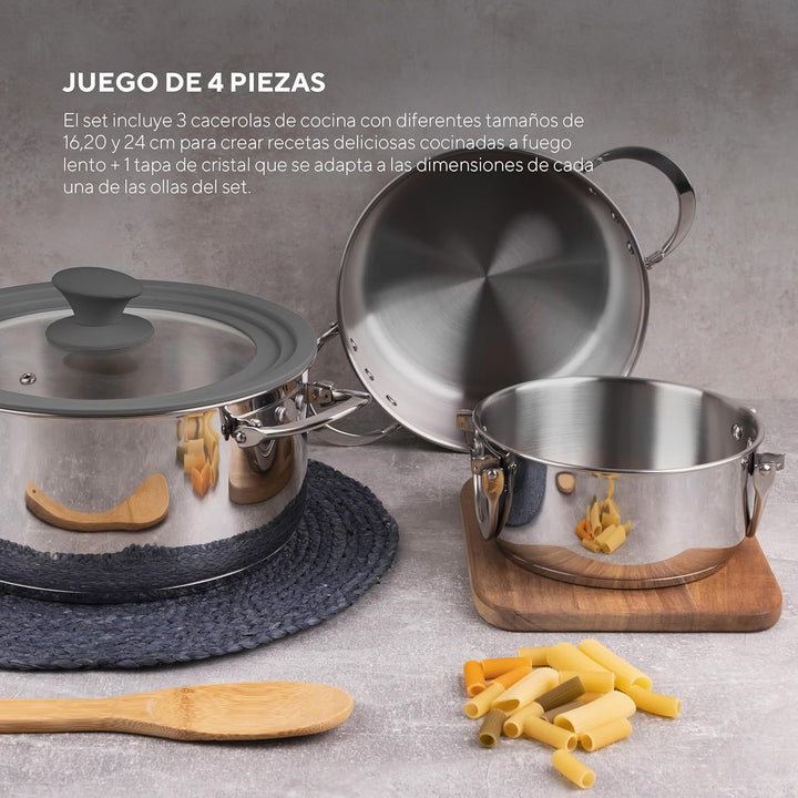 MasterPRO Foodies - Küchenbatterie - 4 -Stück -Set mit 4, 20 und 24 cm Pfannen und Glasdeckel - Herg