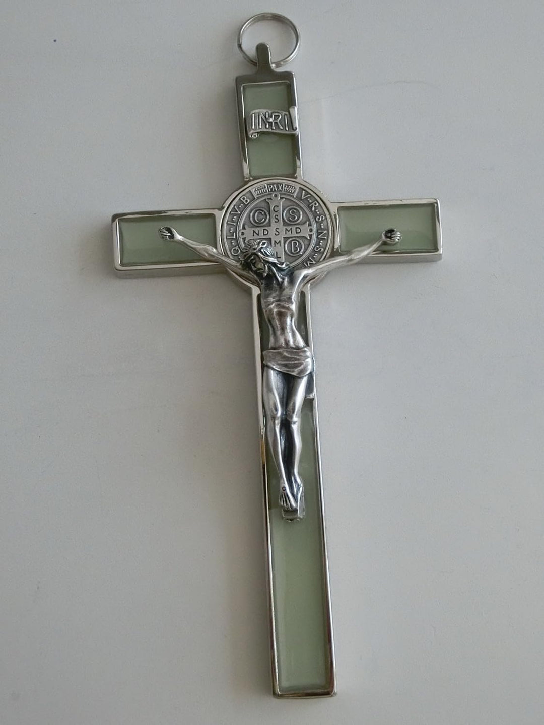 10.004.10 Fluo Kreuz Fluo Silber Phosphoreszente San Benedikt 20 cm emailliert mit Box Geschenk Sain