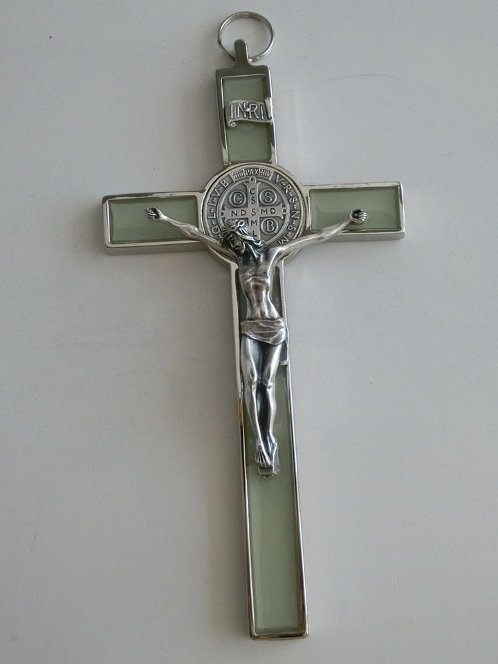 10.004.10 Fluo Kreuz Fluo Silber Phosphoreszente San Benedikt 20 cm emailliert mit Box Geschenk Sain