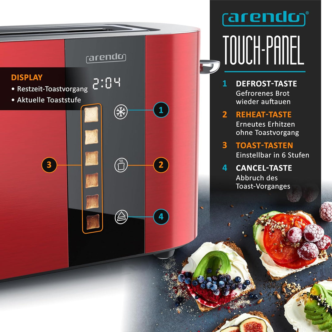 Arendo - Edelstahl Toaster 2 Scheiben Langschlitz - Touchscreen – Doppelwandgehäuse – Integrierter B