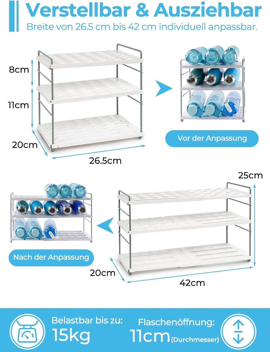 mepure Flaschen Organizer – Ausziehbares & Verstellbares Flaschenregal Schrank (26.5–42 cm), Flasche