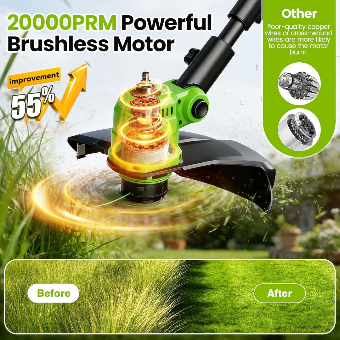 14 Zoll Rasentrimmer mit Akku und Rad,21V Akku-Rasentrimmer mit 2 * 3000 mAh Batterie und Ladegerät,