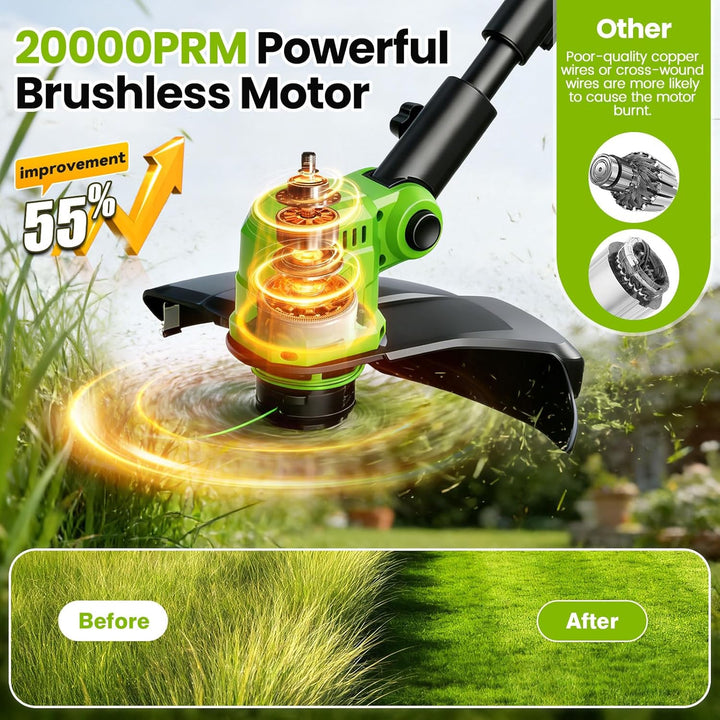 14 Zoll Rasentrimmer mit Akku und Rad,21V Akku-Rasentrimmer mit 2 * 3000 mAh Batterie und Ladegerät,