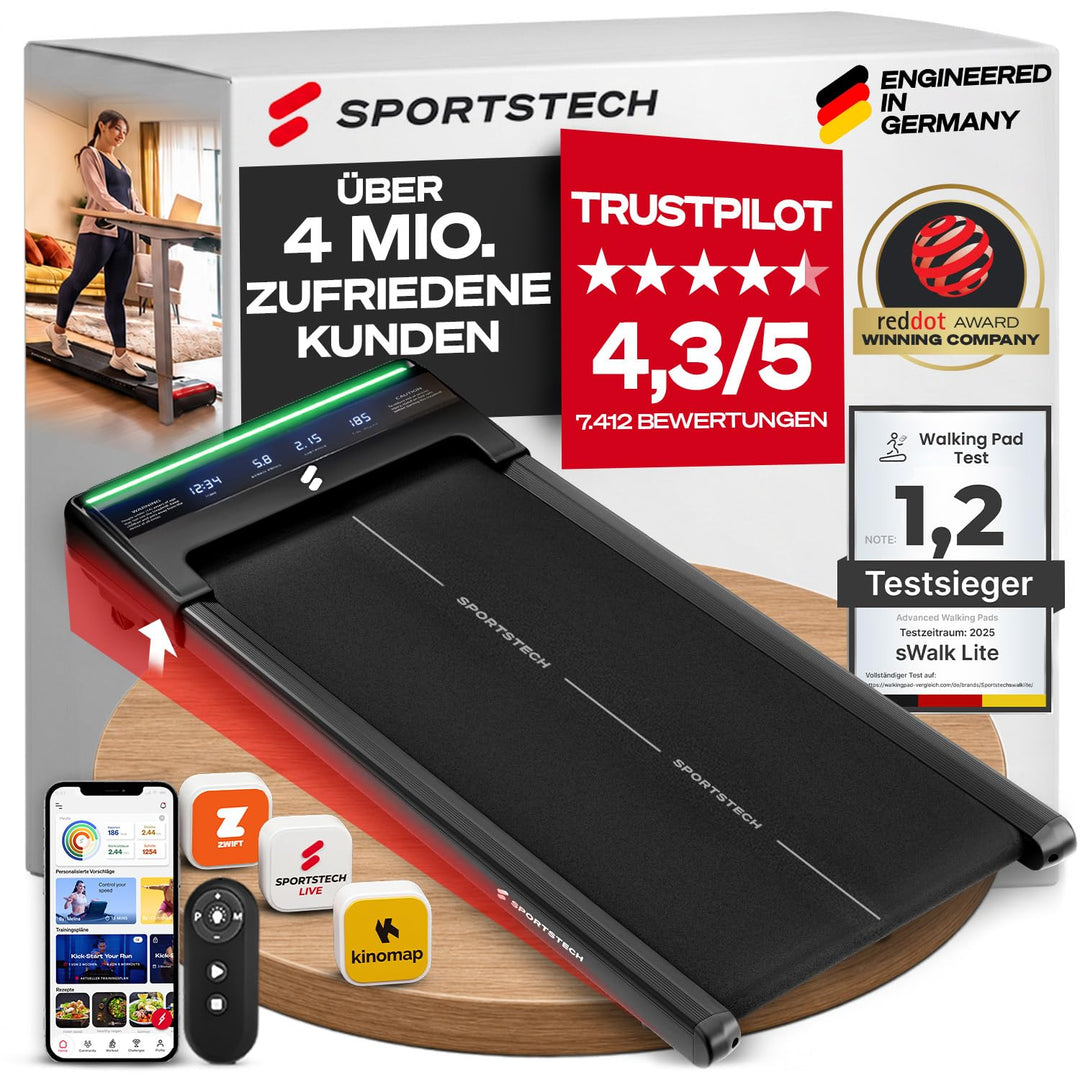 Sportstech Walking Pad sWalk Fold, Laufband für Zuhause Klappbar mit LED-Beleuchtung, App-Steuerung,