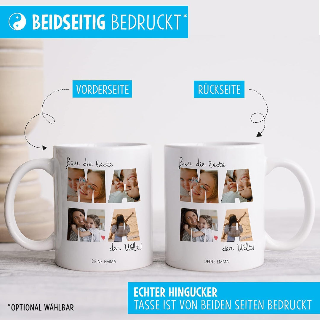 OWLBOOK® Tasse Beste Mama mit 4 Fotos & Spruch selbst gestalten | Fototasse mit eigenem Bild & Text