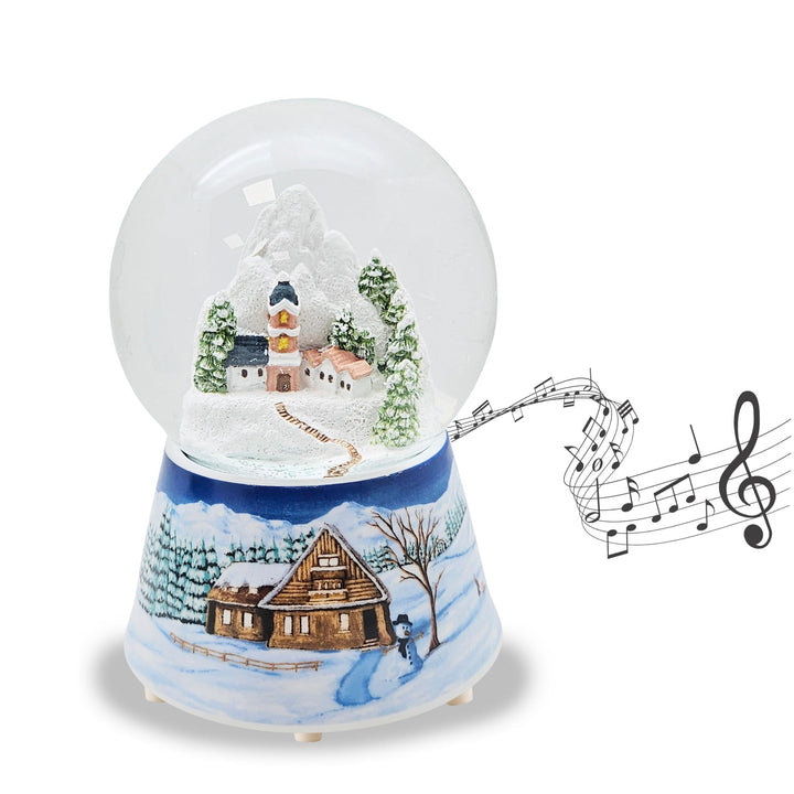 Schneekugel Weihnachten Spieluhr | Bergdorf mit Kirche | Sockel Winterlandschaft Mittelblau | Musik