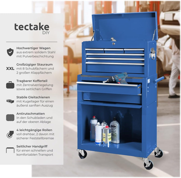 tectake Werkstattwagen Trolley mit Kofferaufsatz, Werkzeug Wagen abschliessbar, 10 Fächer, Mobile We