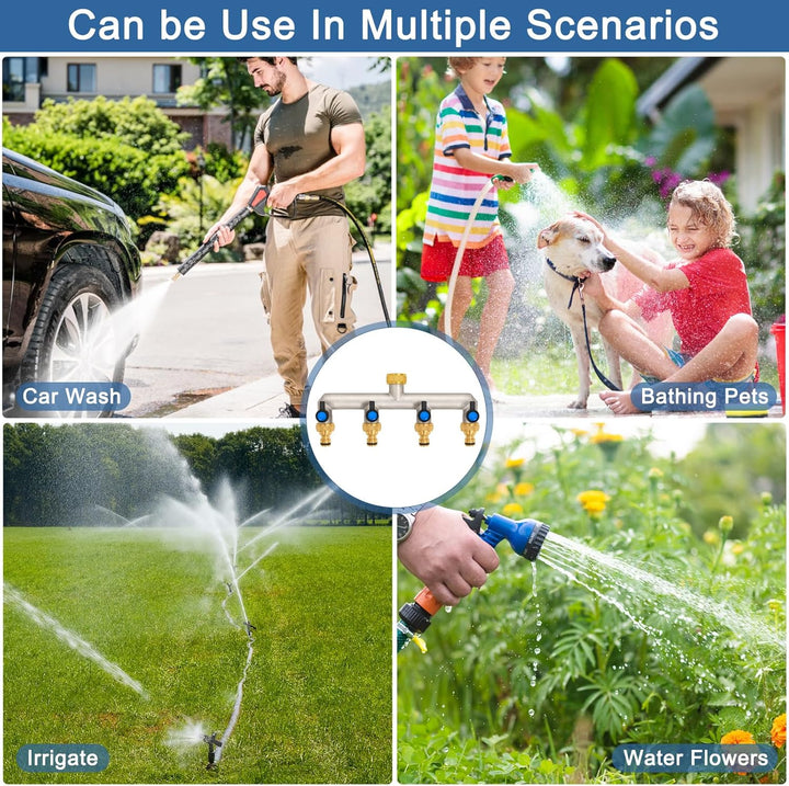 4-Wege Wasserhahn Wasserverteiler aus Messing für 4 Geräte/Gartenschläuche, 4er Verteiler 3/4" Adapt