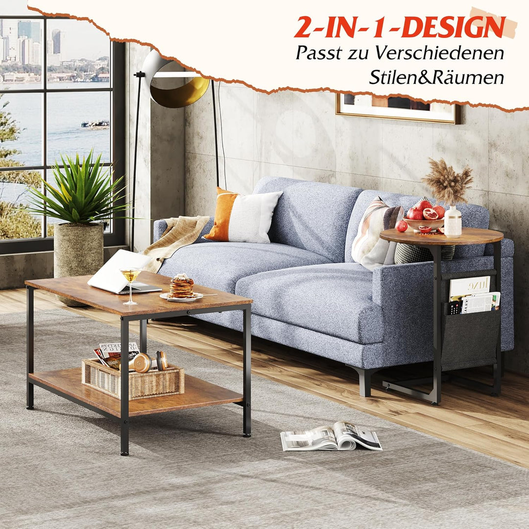 WLIVE Couchtisch Rund mit 2 Ebenen, Wohnzimmertisch Holz, Stubentisch mit Metallrahmen, für Wohnzimm