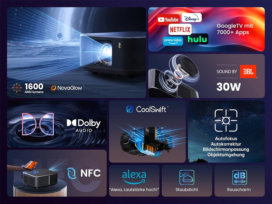 Yaber K3 Smart Beamer 【1600 ANSI & Google TV & Sound by JBL】 Tageslicht Beamer mit WiFi 6 & Bluetoot