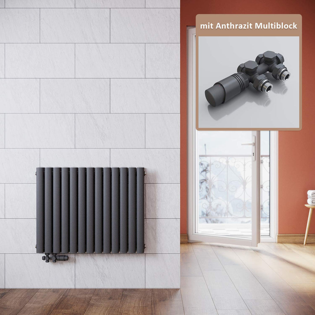 ELEGANT Heizkörper Modern Anthrazit 600x767mm mit Anthrazit Multiblock Thermostat Design Heizkörper