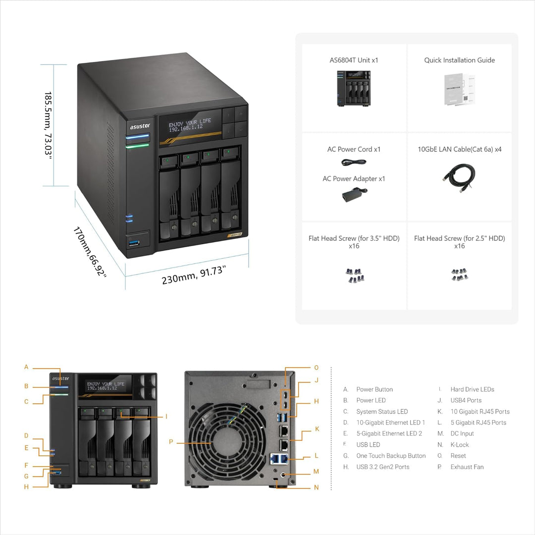 Asustor Lockerstor 4 Gen3 AS6804T, 4 Bay NAS Netzwerkspeicher, AMD Ryzen Quad-Core 2.3 GHz, 16GB RAM