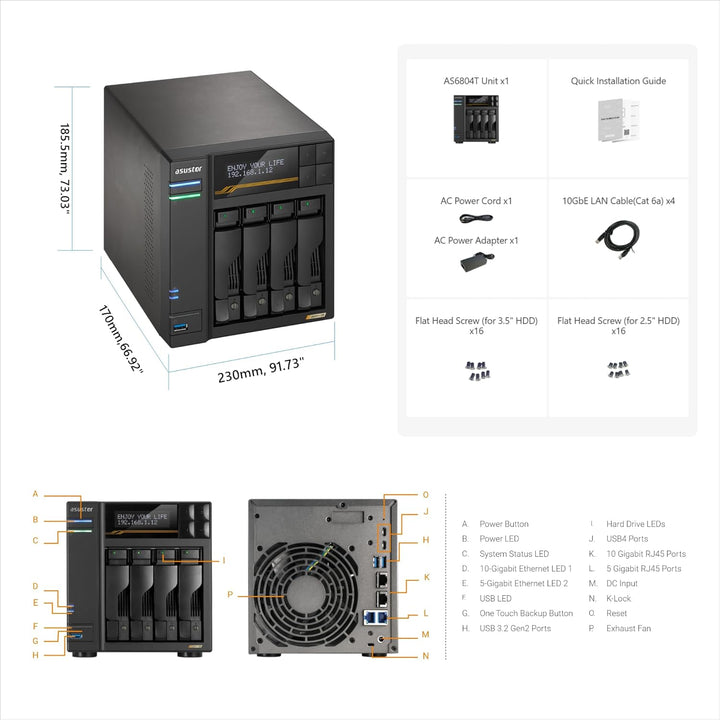 Asustor Lockerstor 4 Gen3 AS6804T, 4 Bay NAS Netzwerkspeicher, AMD Ryzen Quad-Core 2.3 GHz, 16GB RAM