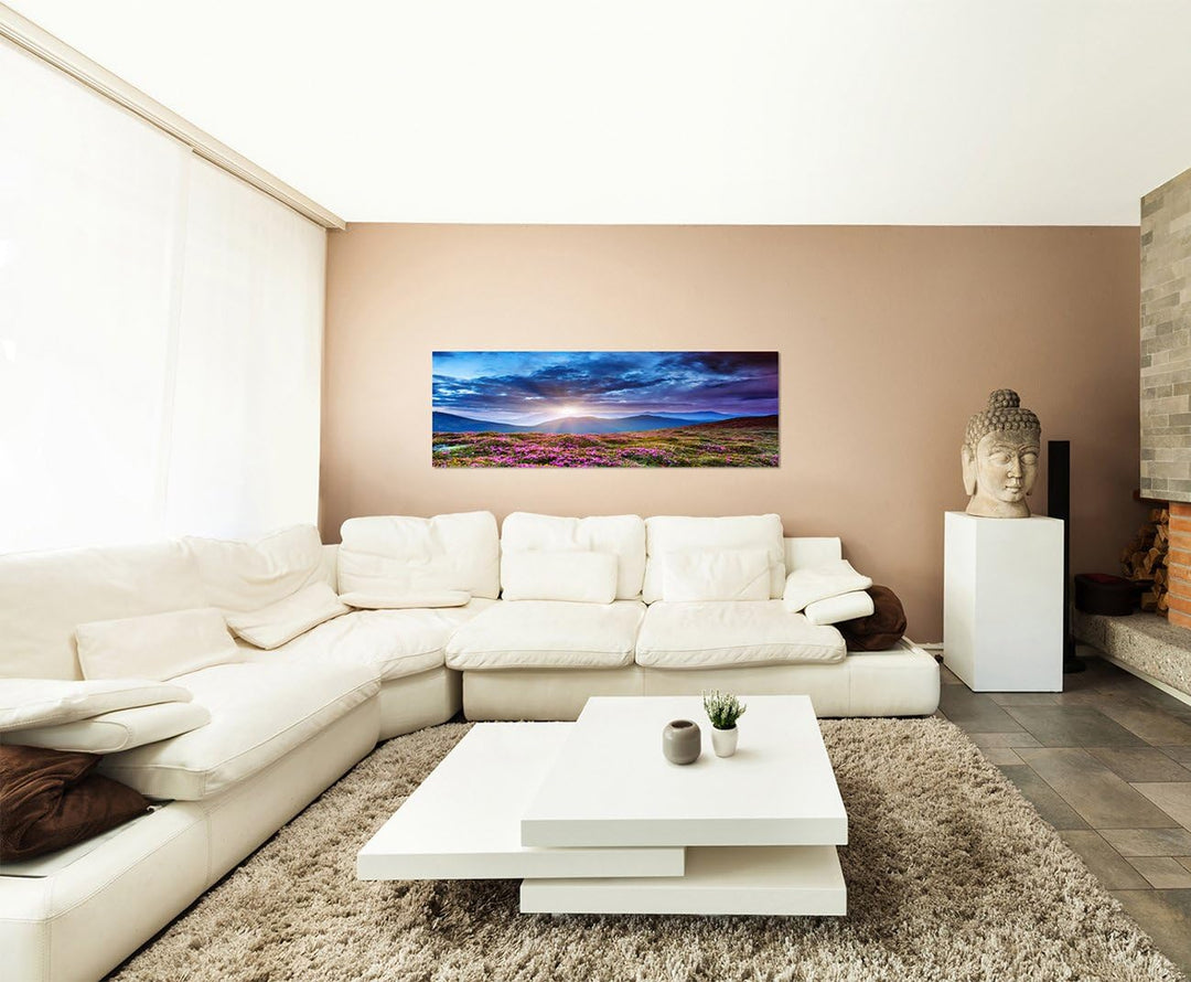 Paul Sinus Art Panoramabild auf Leinwand und Keilrahmen 150x50cm Ukraine Blumenwiesen Berge Wolkenhi