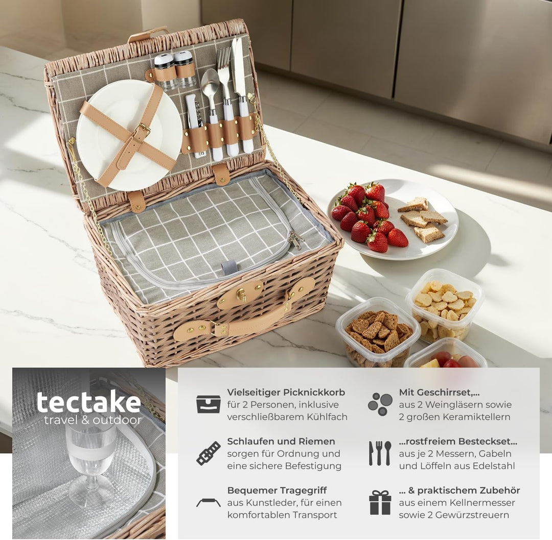 tectake® Picknickkorb 2 Personen, inkl. Kühlfach, befüllter Picnic Basket Weidenkorb für Ausflug, Ca