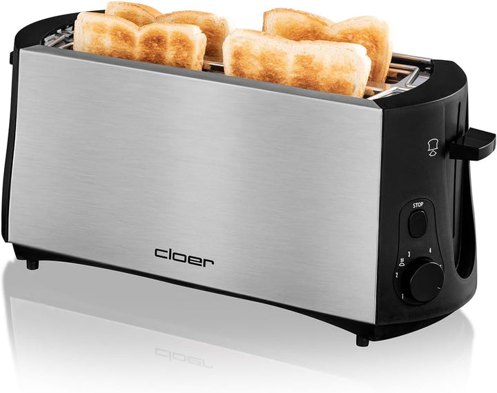 Cloer 3719 Langschlitztoaster für 4 Toastscheiben, 1380 W, integrierter Brötchenaufsatz, Nachhebevor