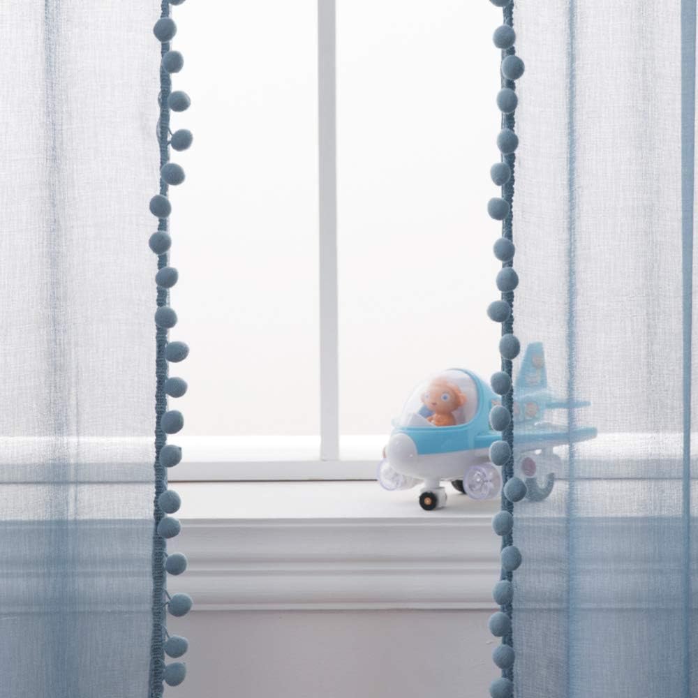 MIULEE Vorhänge mit Pompons-Niedlich Blau Gardinen 2-Set für Kinderzimmer, Transparent Gardinen mit