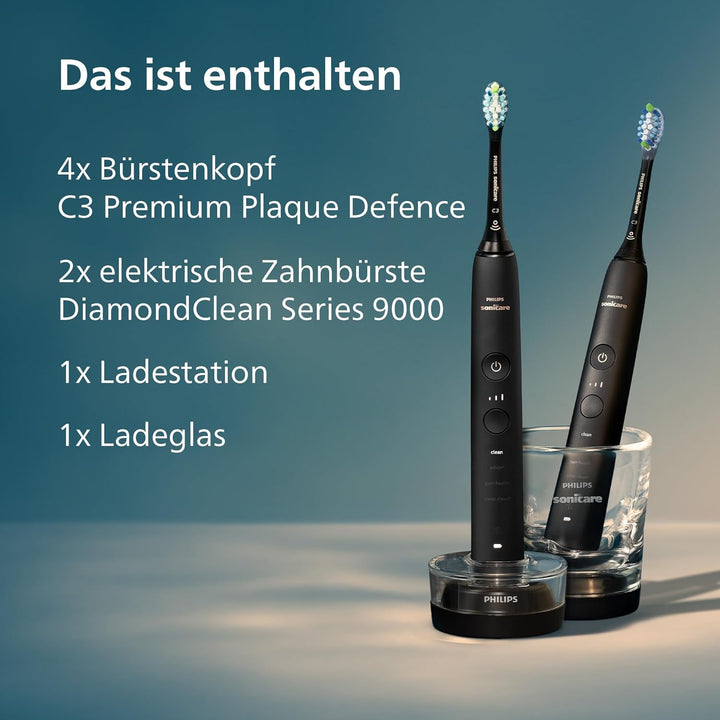 Philips Sonicare DiamondClean 9000 elektrische Zahnbürste, Doppelpack, Schallzahnbürste mit App, Dru