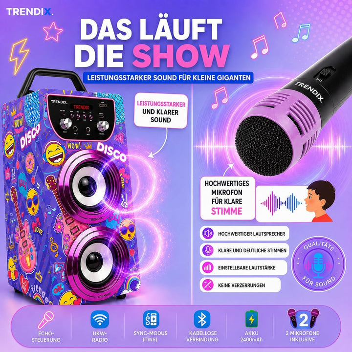 Trendix - Karaoke Maschine Kinder Top Singer | Karaoke Anlage Mit 2 Mikrofonen, Radio Fm, USB, Bluet