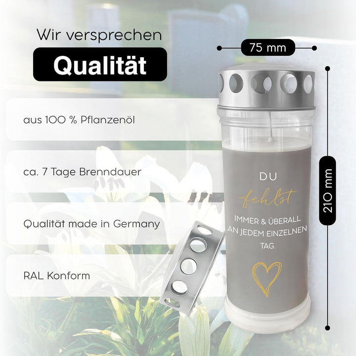 DOLORINO Grablicht mit Spruch "Du fehlst immer und überall an jedem einzelnen Tag" | 3er Set | 7-Tag