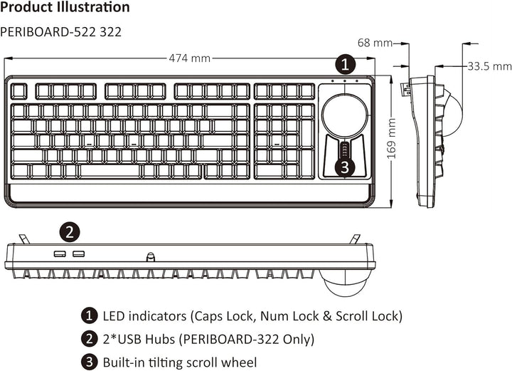 Perixx Periboard-322 Beleuchtete Trackball Tastatur mit Mechanischen Tasten - 55 mm Grosser Trackbal