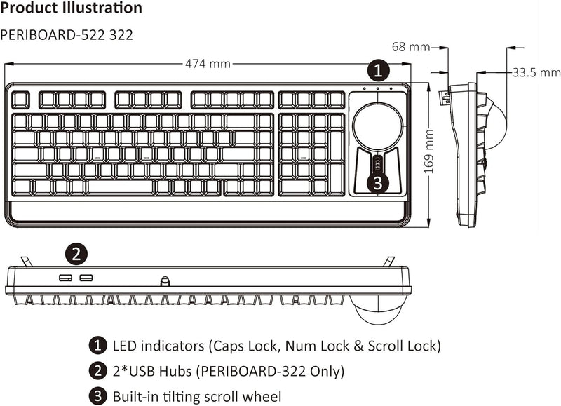 Perixx Periboard-322 Beleuchtete Trackball Tastatur mit Mechanischen Tasten - 55 mm Grosser Trackbal