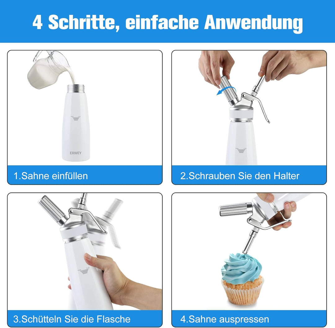 ERWEY Sahnespender 500ML, Sahnesyphon Edelstahl, Sahnesprüher Auslaufsicherer Einfach Reinigen mit 3