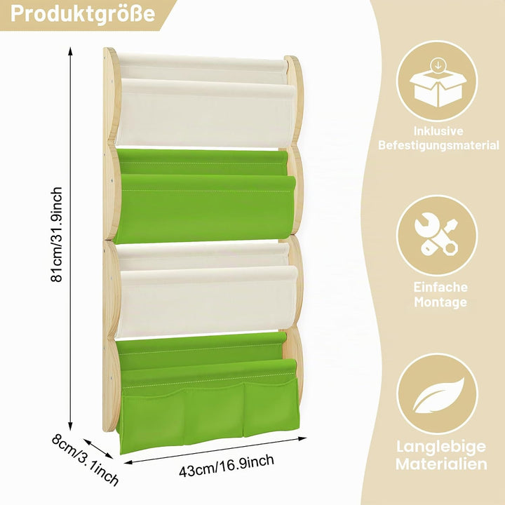 Bücherregal Kinder Wand Kinderbücherregal Montessori mit 4 Ablagen & 3 Taschen Kinderregal Wandregal