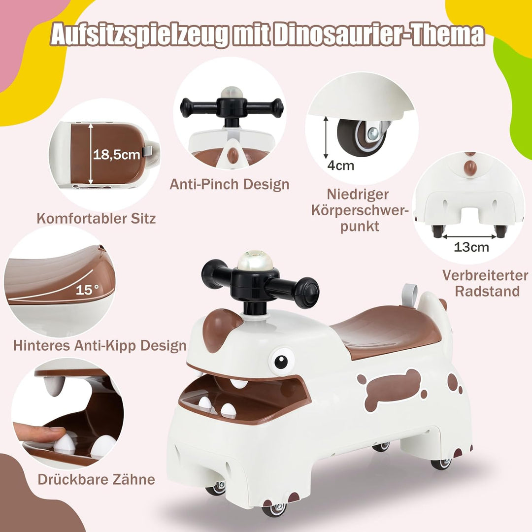 DREAMADE Rutschauto, Dinosaurier Rutschfahrzeug mit Hupe, Musik, Lichtern, Stauraum unter dem Sitz &