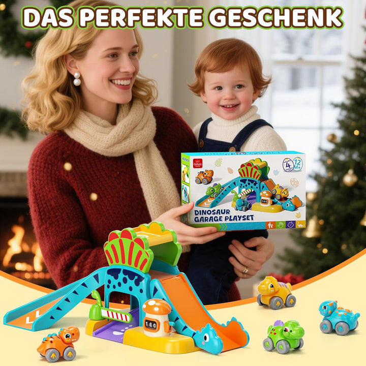 Lehoo Castle Kinderspielzeug ab 1 Jahr, Geschenk für Jungen Mädchen | 4 Dinosaurier Autos mit Parkpl