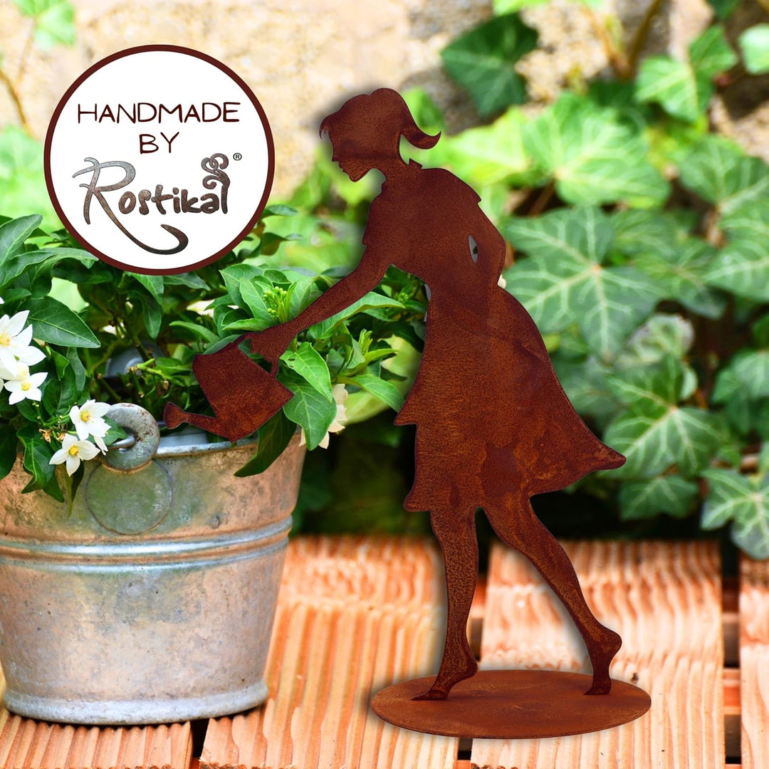 Rostikal Gartenfigur Gärtnerin 60 cm – Perfekte rostige Rostfigur mit Bodenplatte, wetterfeste Garte