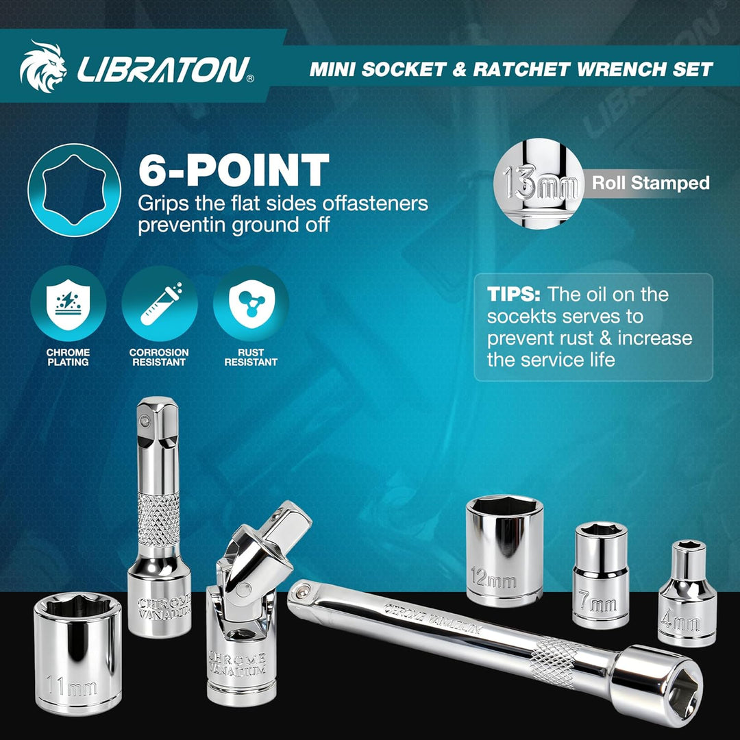 LIBRATON 37-tlg. 1/4 Zoll Ratschenkasten Mini Steckschlüsselsatz mit Bits, 4-13mm Stecknuss, Magnet-