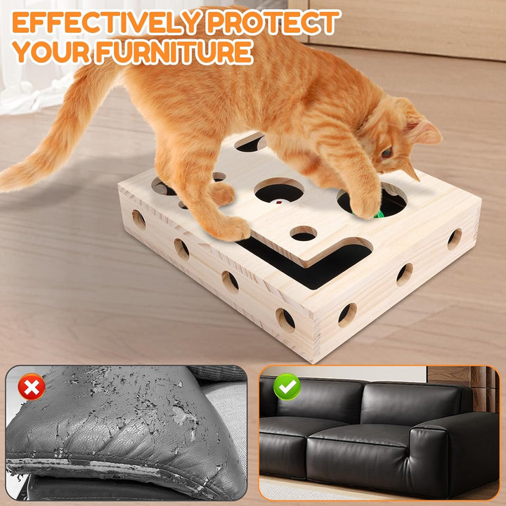 Beschäftigungsbox Krallenfeile Katze, 29,5×24,5×6 cm Kratzpuzzle Spielbox Holz Katzen Kratzbrett mit
