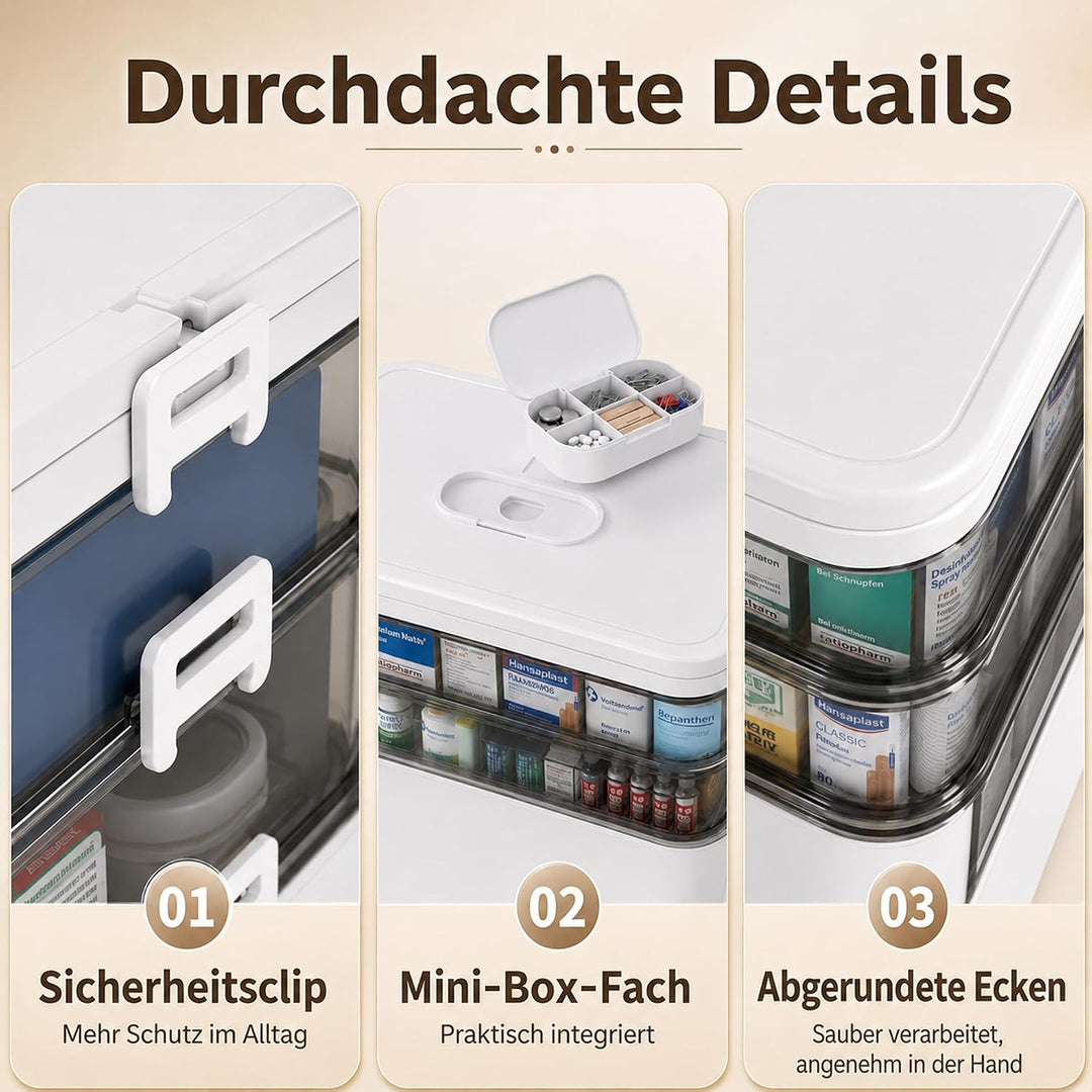 Medikamentenbox Gross Hausapotheke Leer, 3-Ebenen Erste-Hilfe-Kasten Aufbewahrungsbox mit Transparen