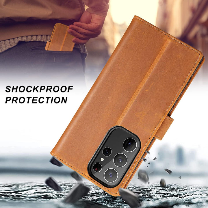 LENSUN Echtleder Hülle für Samsung Galaxy S23 Ultra, Handyhülle [Echtes Leder] [Magnetverschluss] [R