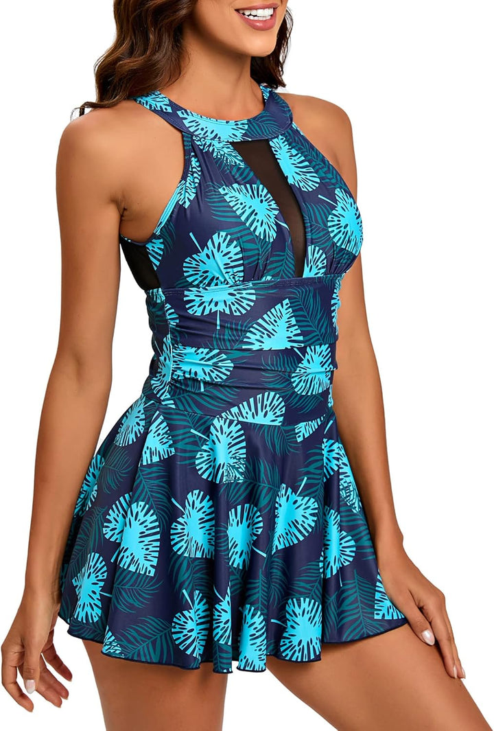 FLYILY Damen-Badeanzug mit hoher Taille Badeanzug mit Shorts Retro-Beachwear Neckholde Bademode Gree