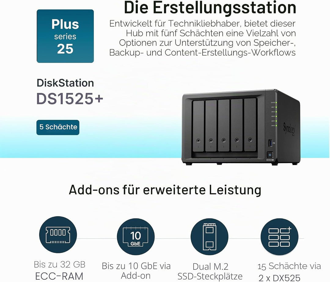 Synology Erweiterbares NAS-Kit mit 5 Schächten, DS1525+ AMD RyzenCPU mit 8 GB Speicher, 2,5 GbE Stan
